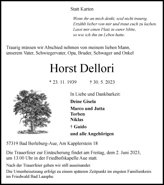 Traueranzeige von Horst Dellori von Tageszeitung