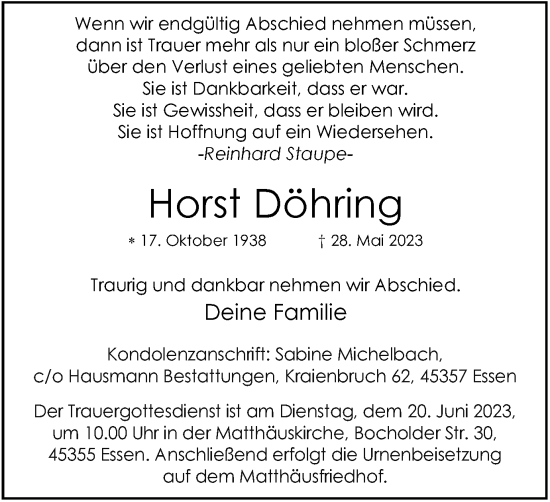 Traueranzeige von Horst Döhring von Tageszeitung