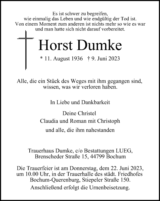 Traueranzeige von Horst Dumke von Tageszeitung
