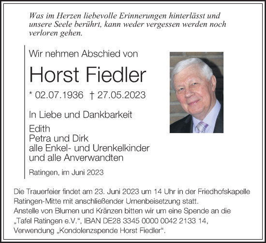 Traueranzeige von Horst Fiedler von Tageszeitung