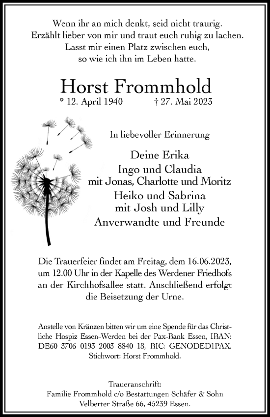 Traueranzeige von Horst Frommhold von Tageszeitung