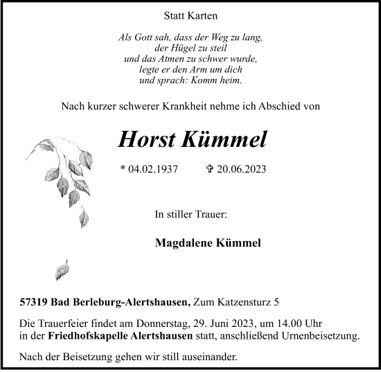 Traueranzeige von Horst Kümmel von Tageszeitung