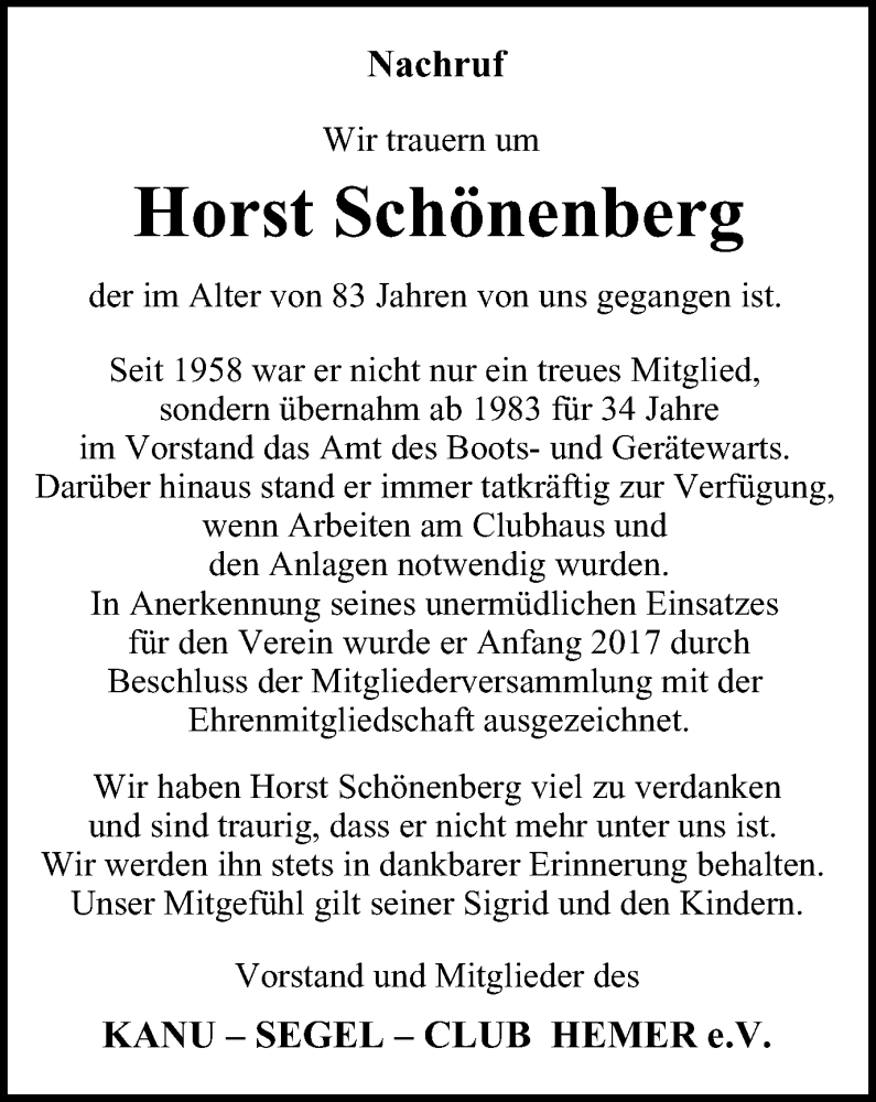  Traueranzeige für Horst Schönenberg vom 24.06.2023 aus Tageszeitung