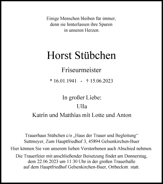 Traueranzeige von Horst Stübchen von Tageszeitung