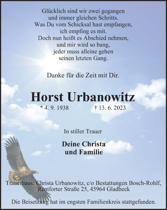 Traueranzeige von Horst Urbanowitz von Tageszeitung