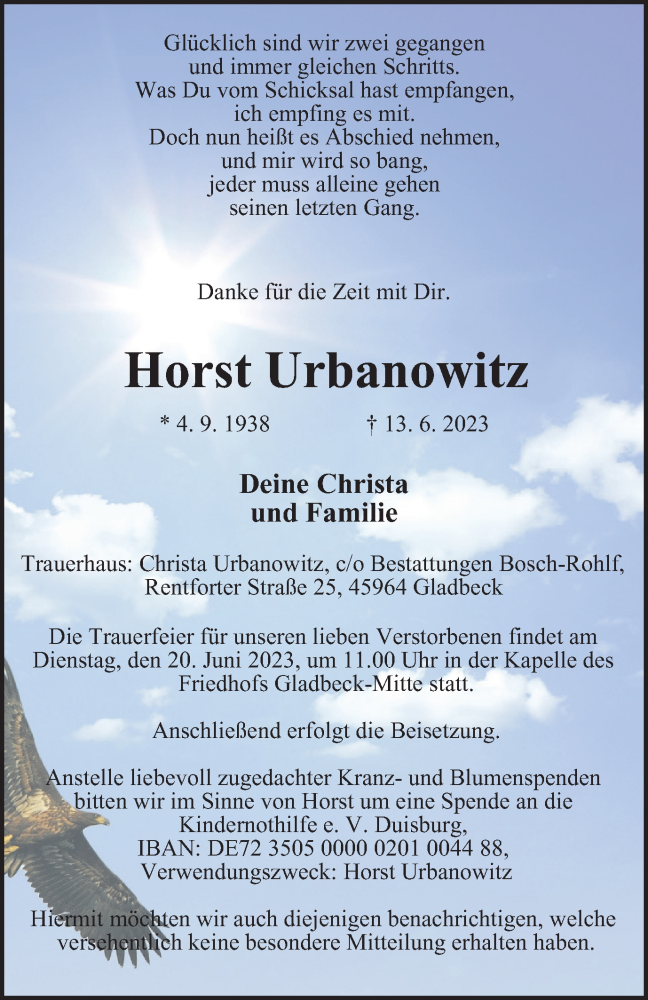  Traueranzeige für Horst Urbanowitz vom 17.06.2023 aus Tageszeitung