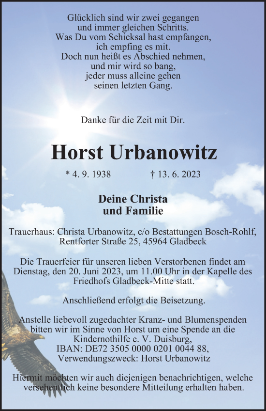 Traueranzeige von Horst Urbanowitz von Tageszeitung