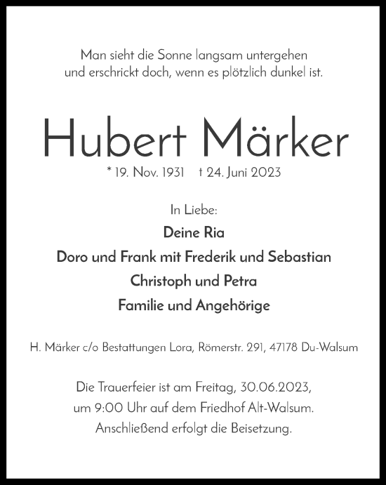 Traueranzeige von Hubert Märker von Tageszeitung