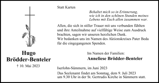 Traueranzeige von Hugo Brödder-Benteler von Tageszeitung