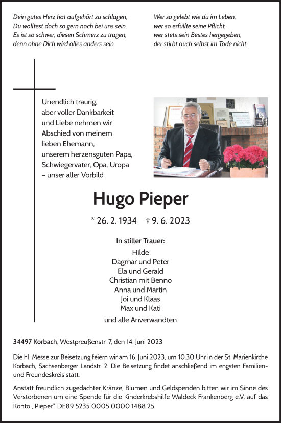 Traueranzeige von Hugo Pieper von Tageszeitung