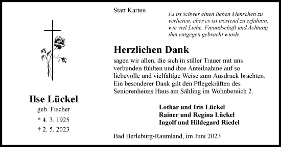 Traueranzeige von Ilse Lückel von Tageszeitung