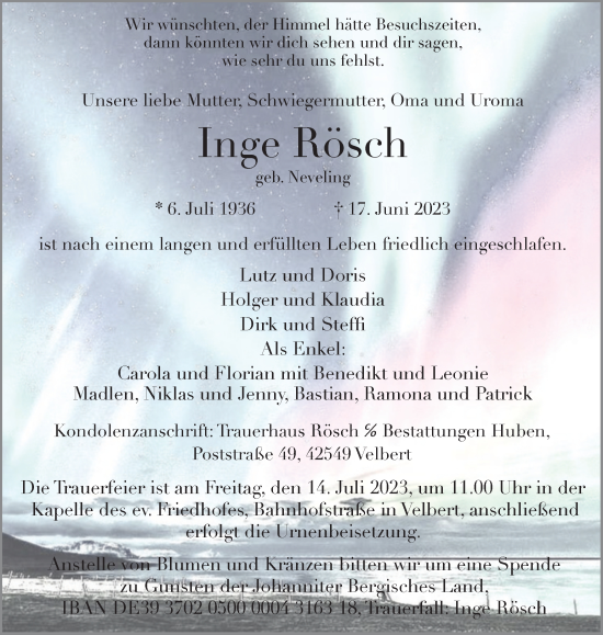 Traueranzeige von Inge Rösch von Tageszeitung