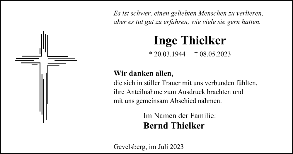  Traueranzeige für Inge Thielker vom 01.07.2023 aus Tageszeitung