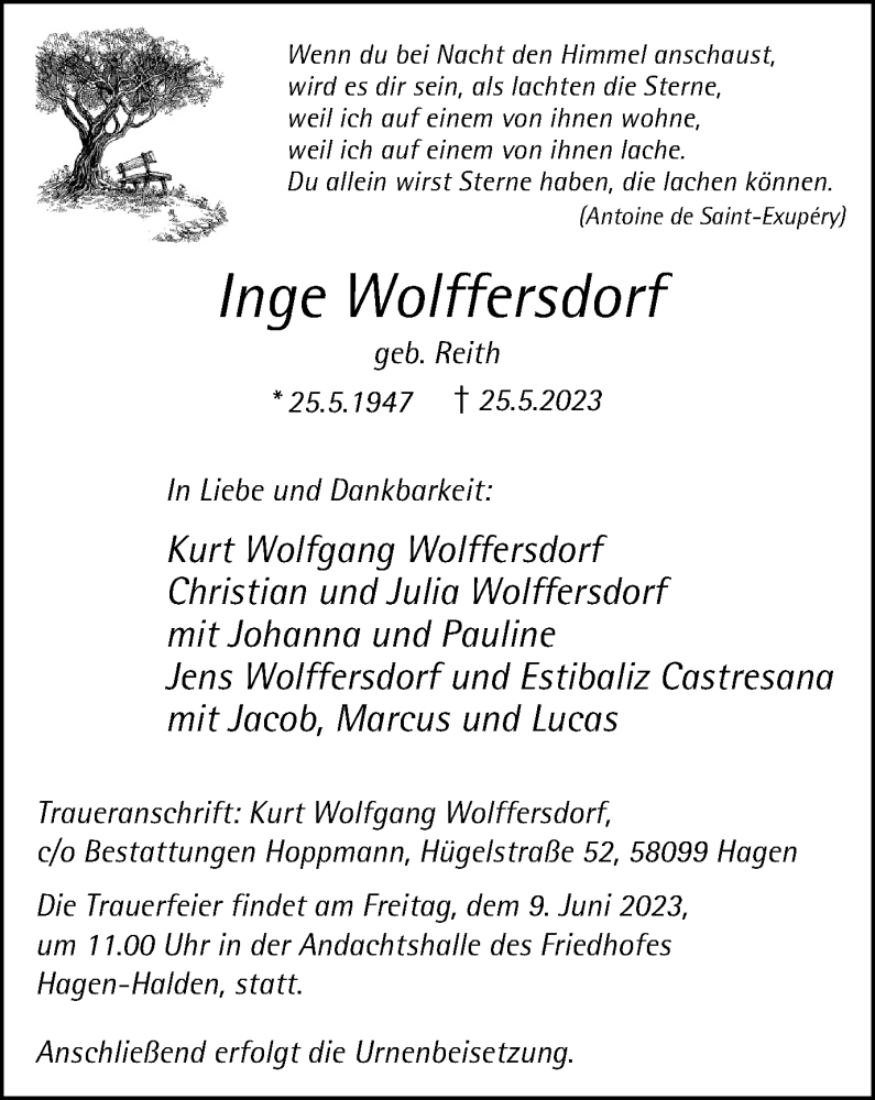  Traueranzeige für Inge Wolffersdorf vom 03.06.2023 aus Tageszeitung