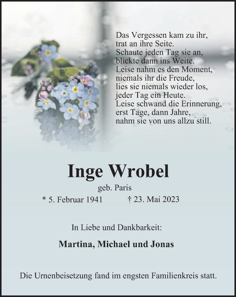  Traueranzeige für Inge Wrobel vom 10.06.2023 aus Tageszeitung