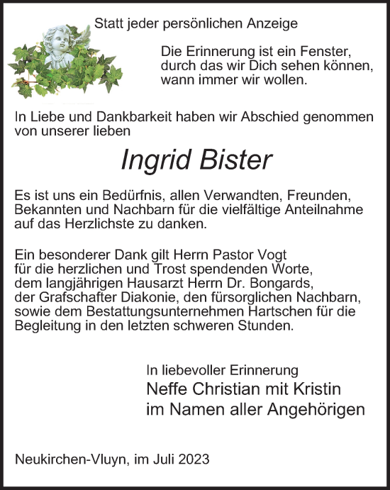 Traueranzeige von Ingrid Bister von Tageszeitung