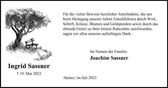 Traueranzeige von Ingrid Sassner von Tageszeitung