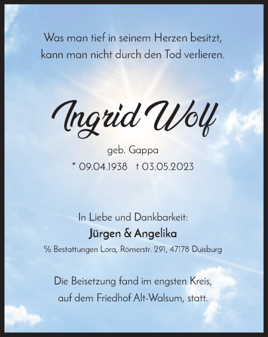 Traueranzeige von Ingrid Wolf von Tageszeitung