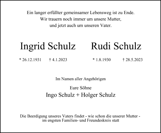 Traueranzeige von Ingrid und Rudi Schulz von Tageszeitung