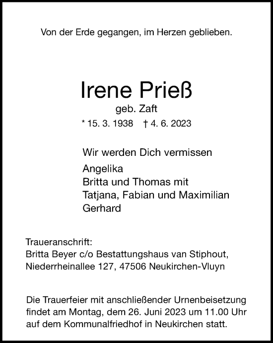 Traueranzeige von Irene Prieß von Tageszeitung