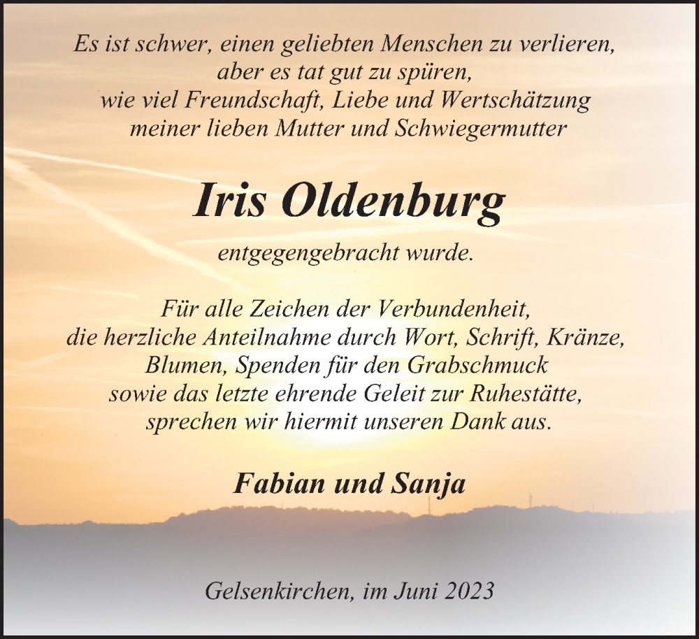  Traueranzeige für Iris Oldenburg vom 03.06.2023 aus Tageszeitung