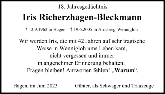 Traueranzeige von Iris Richerzhagen-Bleckmann von Tageszeitung