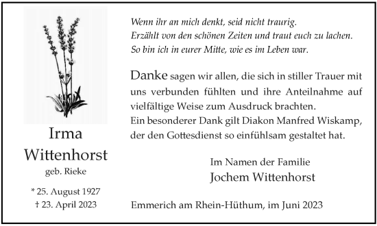 Traueranzeige von Irma Wittenhorst von Tageszeitung