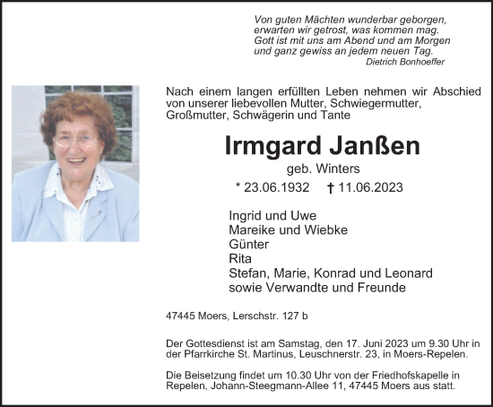 Traueranzeige von Irmgard Janßen von Tageszeitung