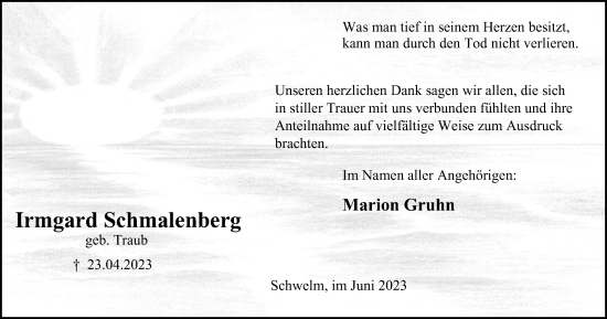 Traueranzeige von Irmgard Schmalenberg von Tageszeitung