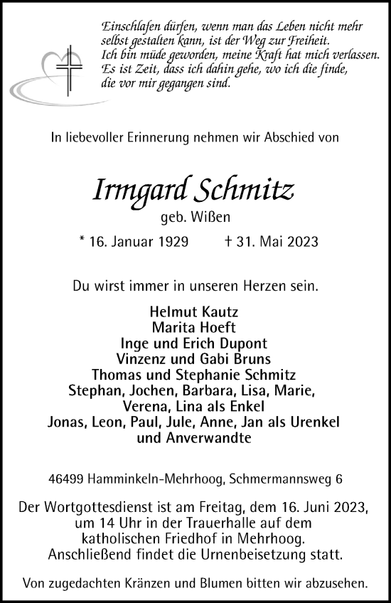 Traueranzeige von Irmgard Schmitz von Tageszeitung