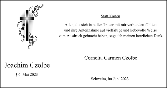 Traueranzeige von Joachim Czolbe von Tageszeitung