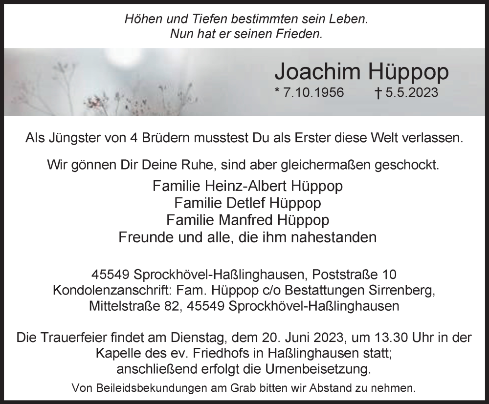  Traueranzeige für Joachim Hüppop vom 17.06.2023 aus Tageszeitung
