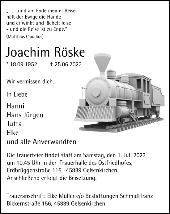 Traueranzeige von Joachim Röske von Tageszeitung