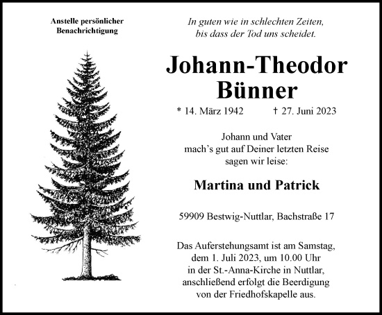 Traueranzeige von Johann-Theodor Bünner von Tageszeitung