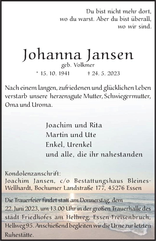  Traueranzeige für Johanna Jansen vom 17.06.2023 aus Tageszeitung