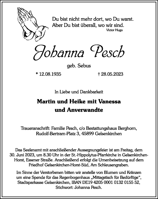 Traueranzeige von Johanna Pesch von Tageszeitung