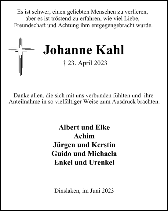 Traueranzeige von Johanne Kahl von Tageszeitung