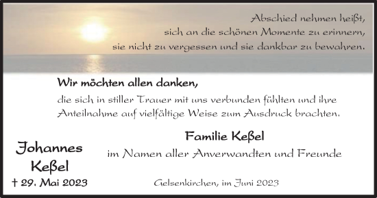 Traueranzeige von Johannes Keßel von Tageszeitung