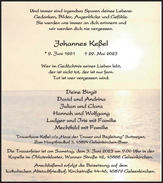 Traueranzeige von Johannes Keßel von Tageszeitung
