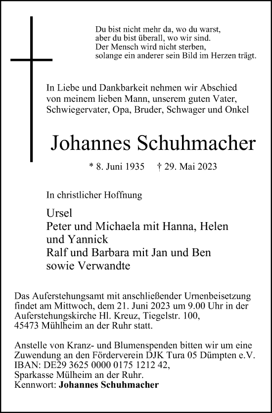Traueranzeige von Johannes Schuhmacher von Tageszeitung