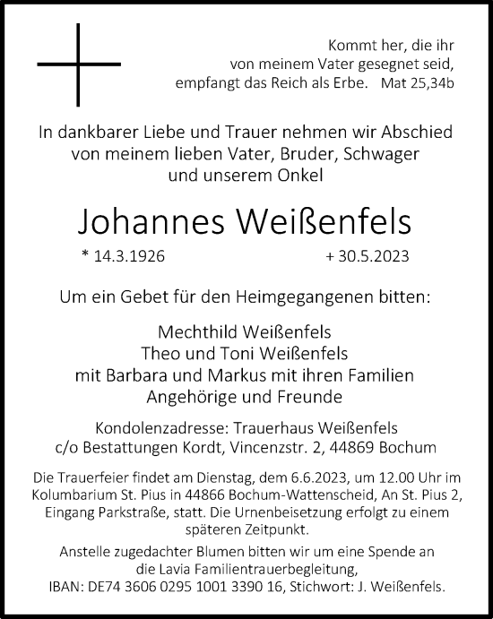 Traueranzeige von Johannes Weißenfels von Tageszeitung