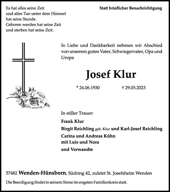 Traueranzeige von Josef Klur von Tageszeitung