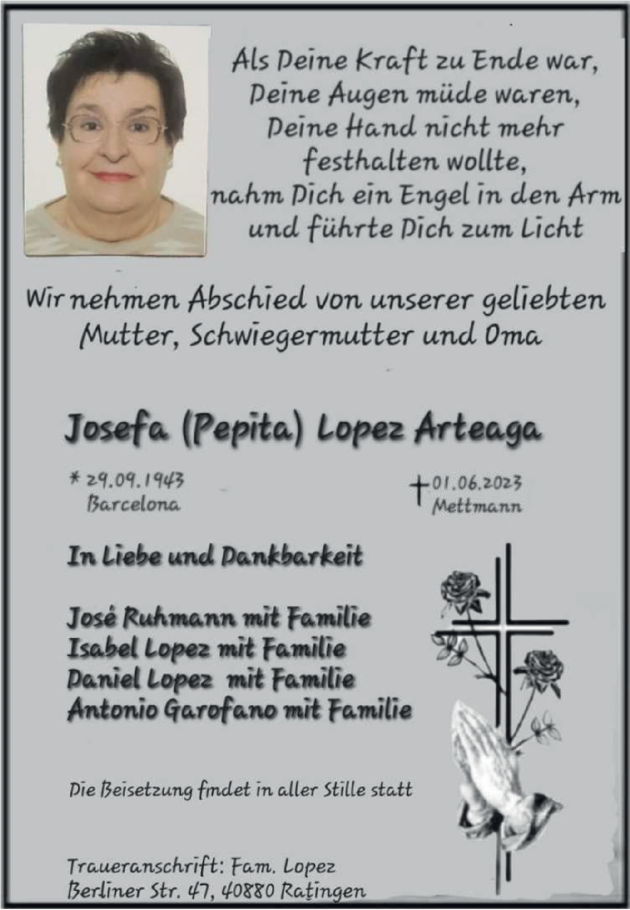  Traueranzeige für Josefa Lopez Arteaga vom 10.06.2023 aus Tageszeitung