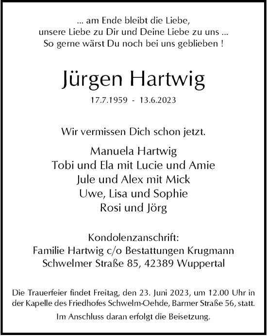 Traueranzeige von Jürgen Hartwig von Tageszeitung