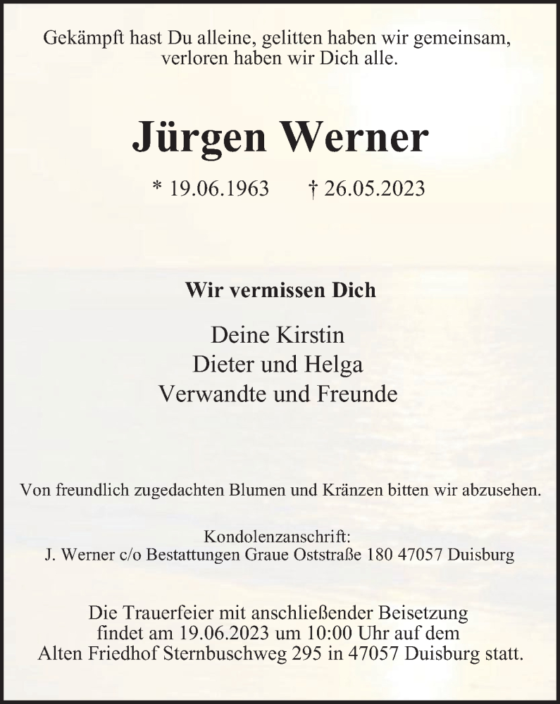  Traueranzeige für Jürgen Werner vom 14.06.2023 aus Tageszeitung