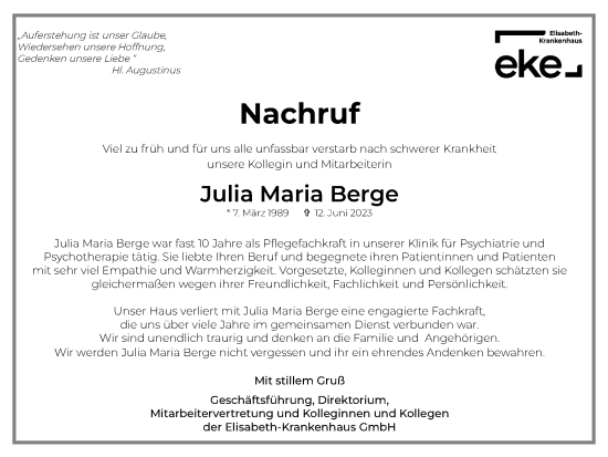 Traueranzeige von Julia Maria Berge von Tageszeitung