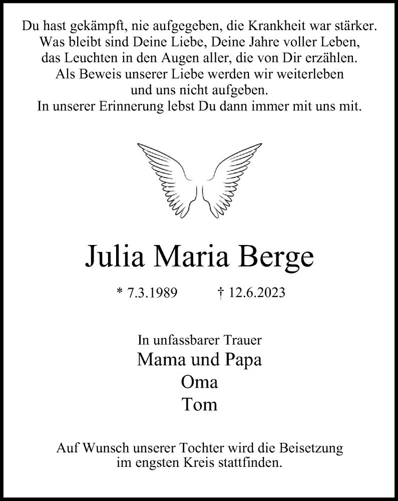  Traueranzeige für Julia Maria Berge vom 17.06.2023 aus Tageszeitung