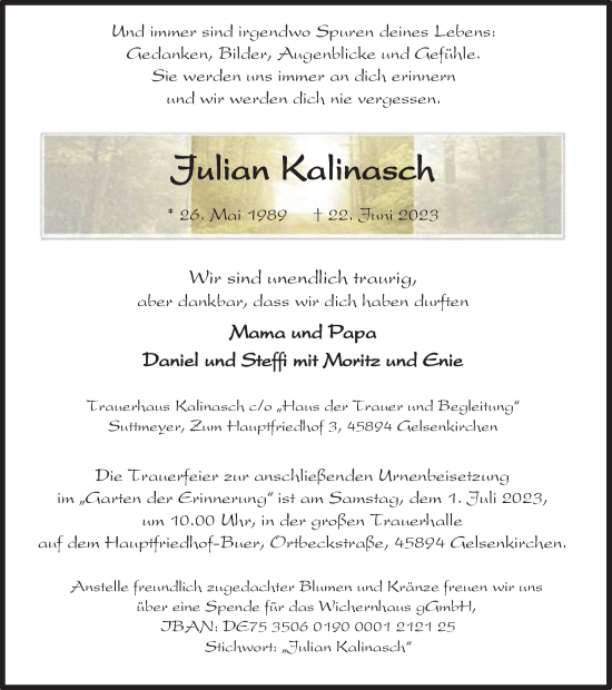 Traueranzeige von Julian Kalinasch von Tageszeitung