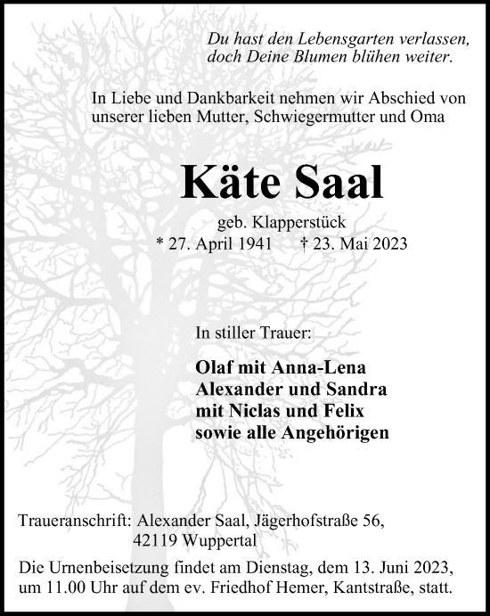 Traueranzeige von Käte Saal von Tageszeitung