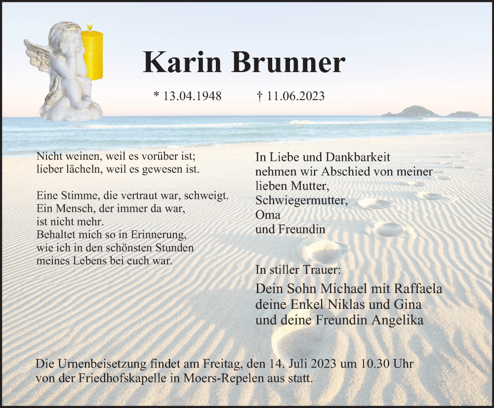  Traueranzeige für Karin Brunner vom 17.06.2023 aus Tageszeitung